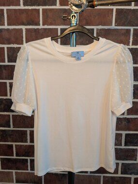 CECE White Swiss Dot Puff Sleeve Mixed Media Top XS